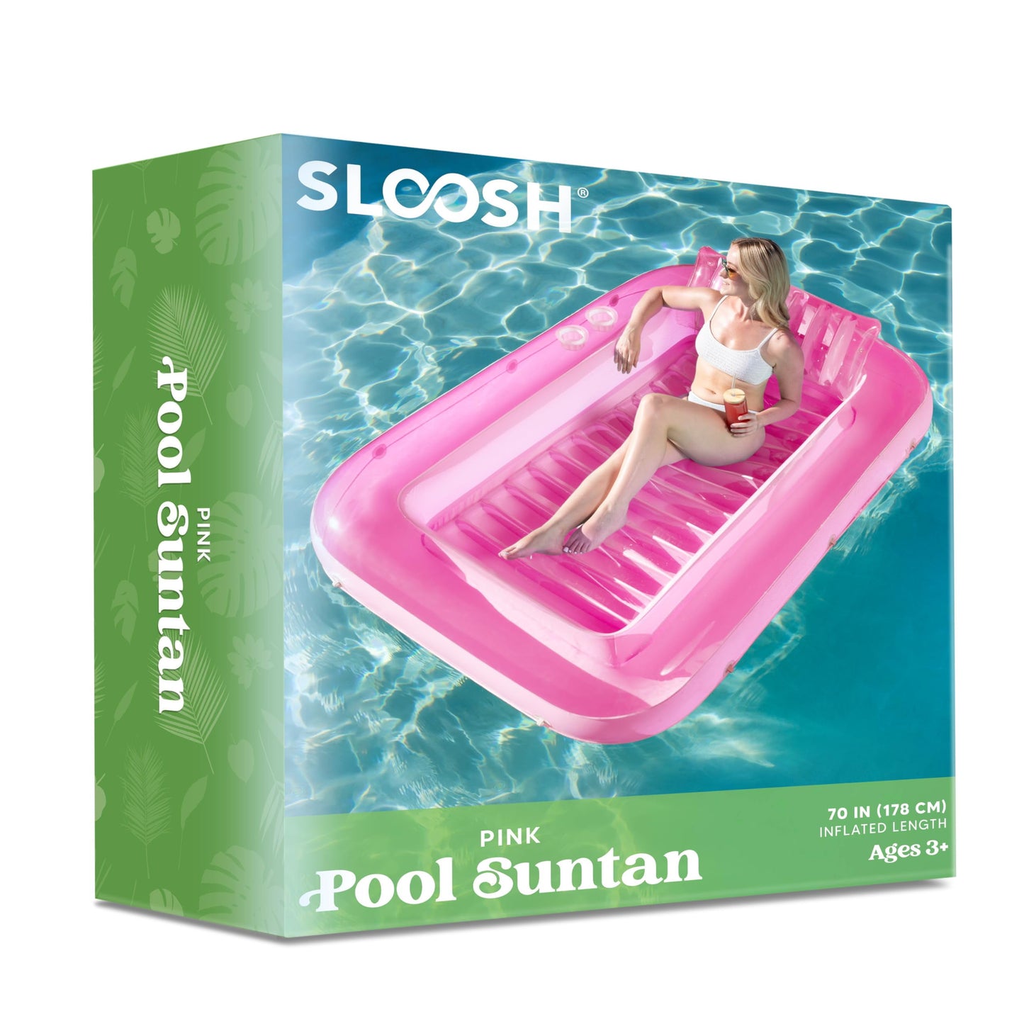 Inflatable Tanning Pool Lounger Float, 70" X 46" Large Suntan Tub with Pillow, Water Raft Floatie for Adults, Pink