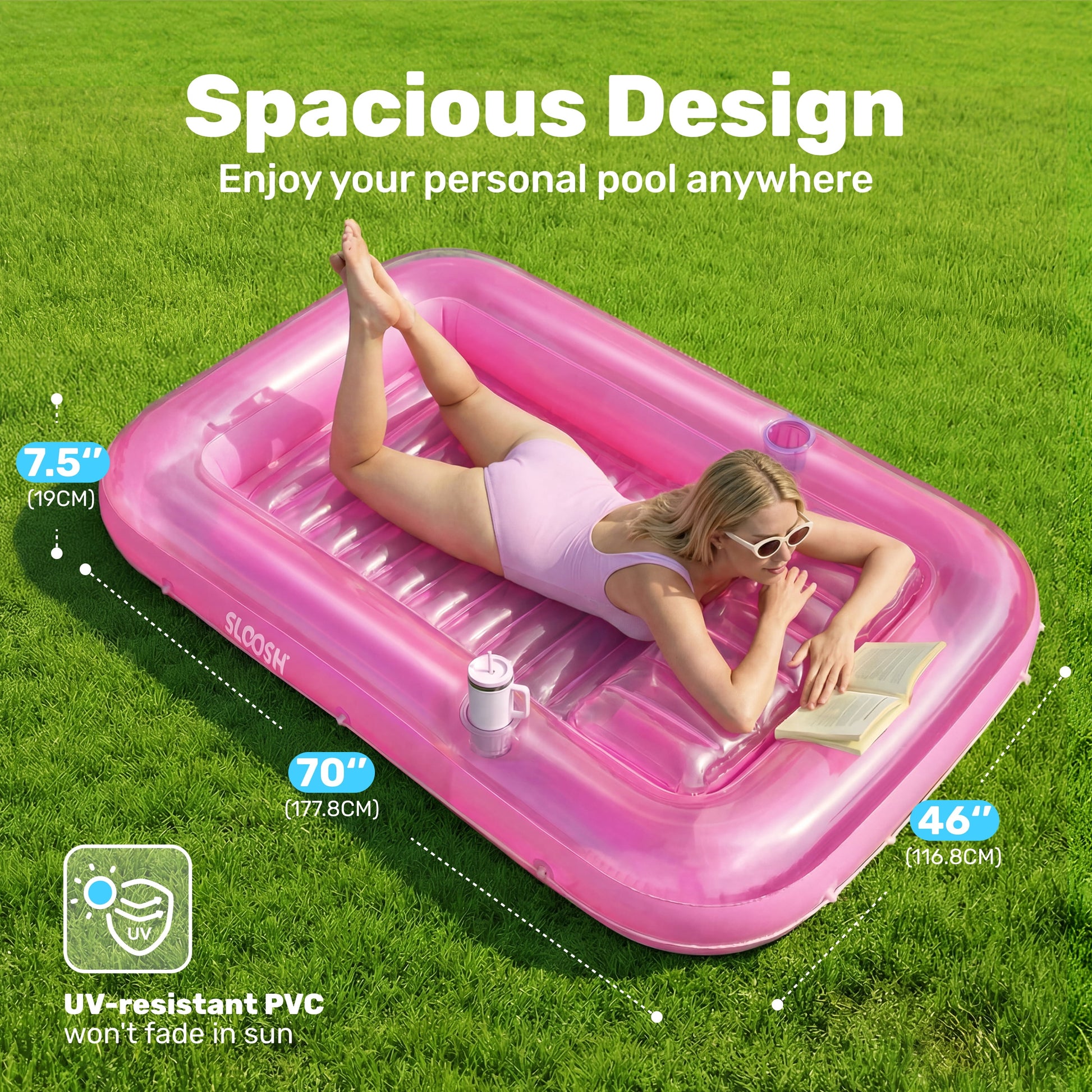 Inflatable Tanning Pool Lounger Float, 70" X 46" Large Suntan Tub with Pillow, Water Raft Floatie for Adults, Pink