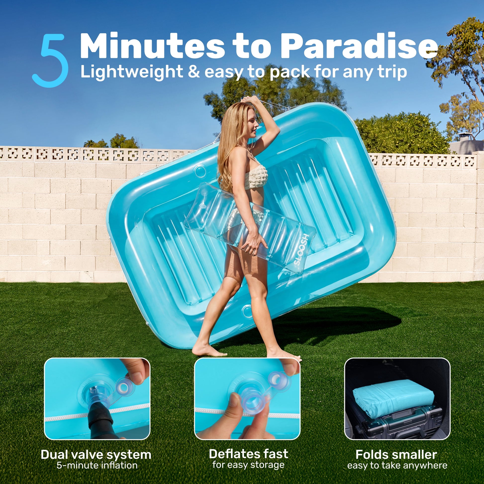 Inflatable Tanning Pool Lounger Float, 70" X 46" Large Suntan Tub with Pillow, Water Raft Float for Kids & Adults, L-Blue