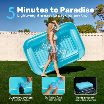 Inflatable Tanning Pool Lounger Float, 70" X 46" Large Suntan Tub with Pillow, Water Raft Float for Kids & Adults, L-Blue