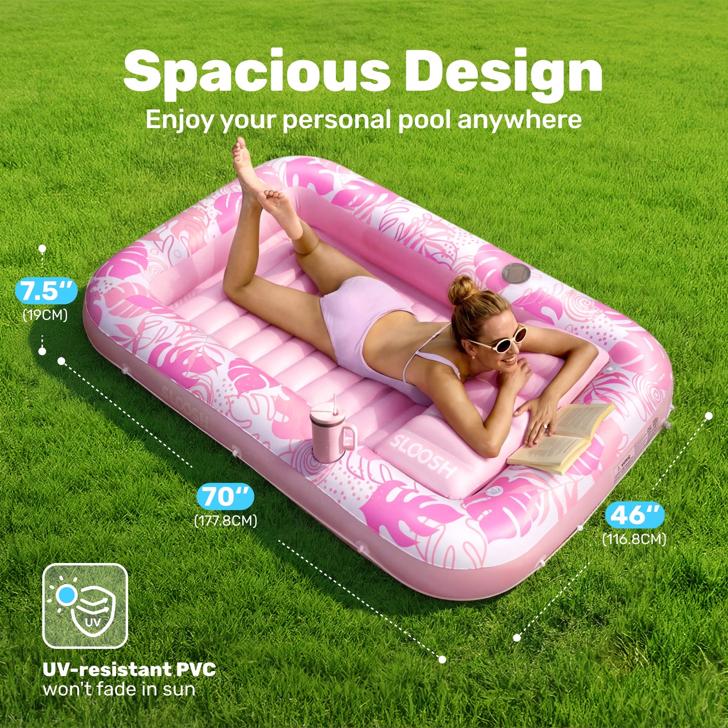 Inflatable Tanning Pool Lounger Float, 70" X 46" Large Suntan Tub with Pillow, Water Raft Floatie for Adults, L-Blushing Pink