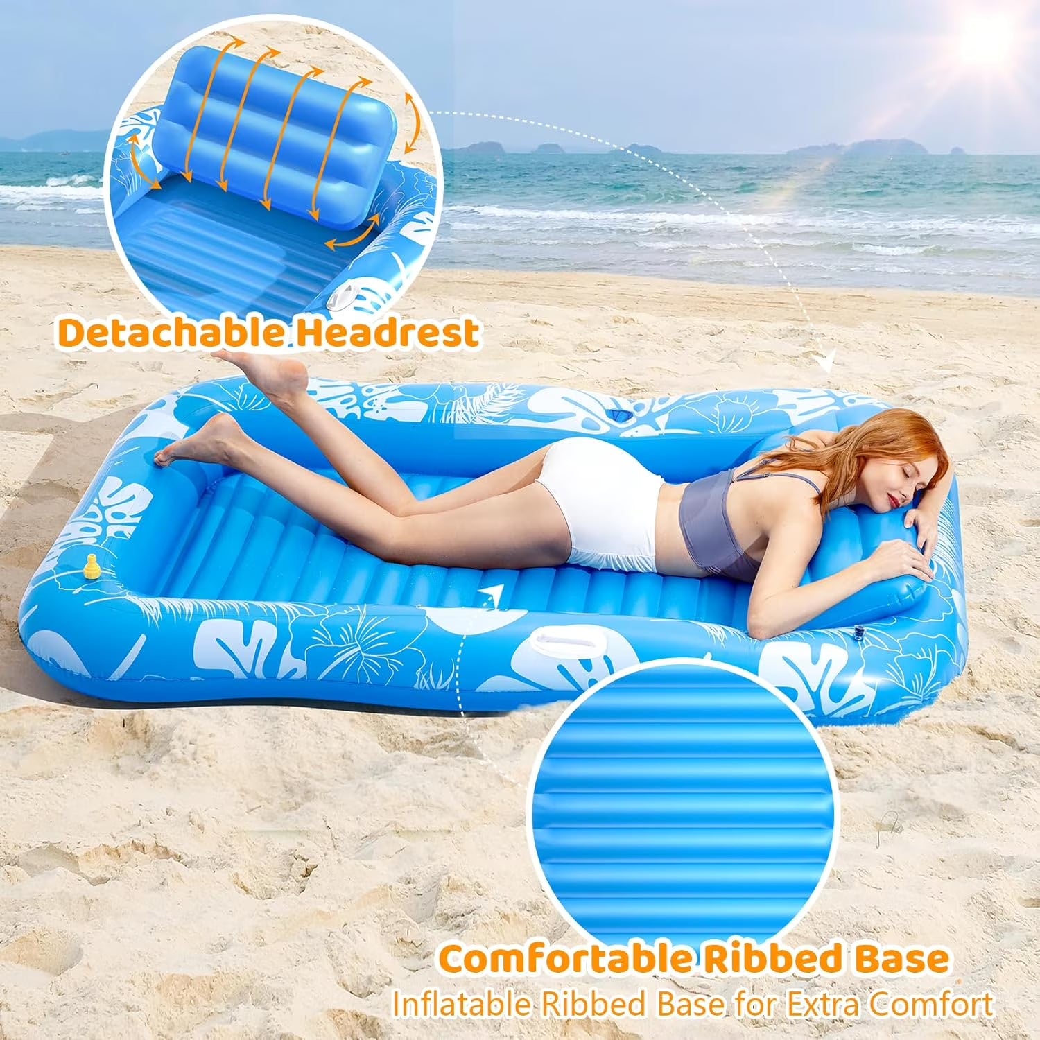 Inflatable Tanning Pool Lounger Float with Sprinkler, 77" X 48" Pool Floats Adult with Pillow, 6 in 1 Suntan Tub Raft Floatie with Drink Holder Sunbathing Water Lounge
