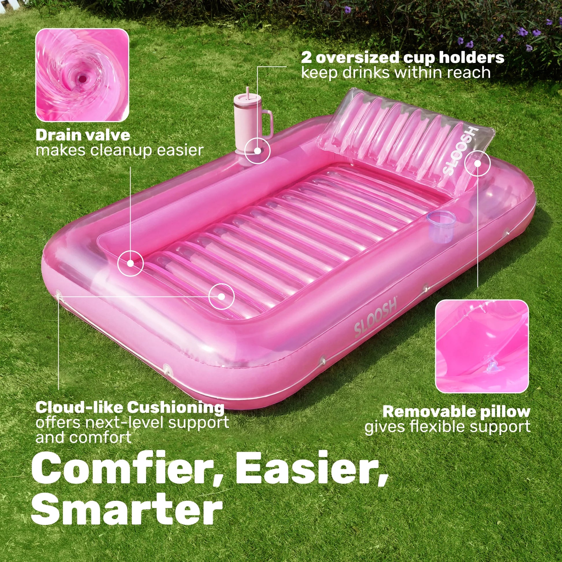 Inflatable Tanning Pool Lounger Float, 70" X 46" Large Suntan Tub with Pillow, Water Raft Floatie for Adults, Pink