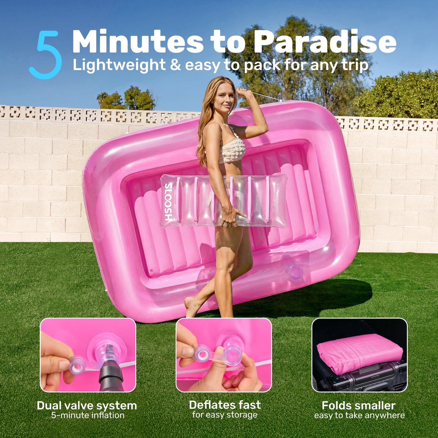 Inflatable Tanning Pool Lounger Float, 70" X 46" Large Suntan Tub with Pillow, Water Raft Floatie for Adults, Pink
