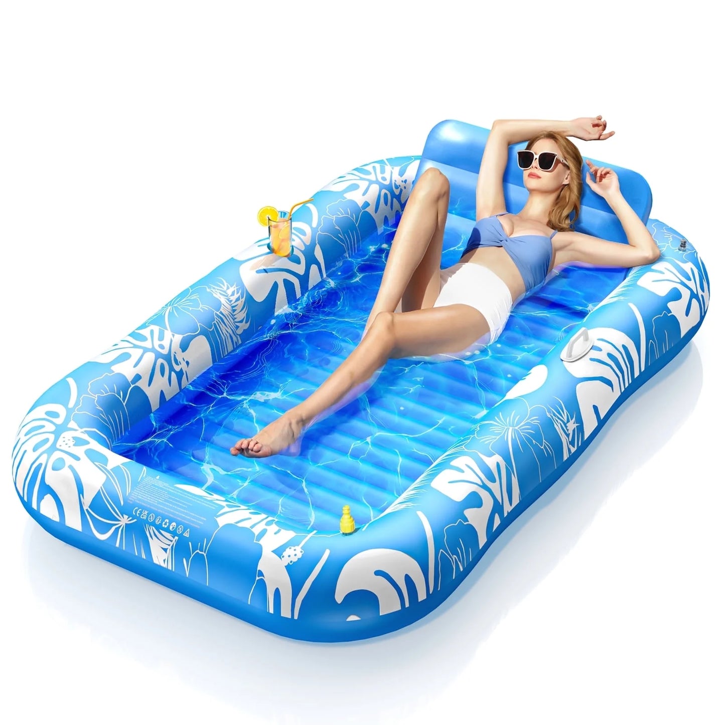 Inflatable Tanning Pool Lounger Float with Sprinkler, 77" X 48" Pool Floats Adult with Pillow, 6 in 1 Suntan Tub Raft Floatie with Drink Holder Sunbathing Water Lounge