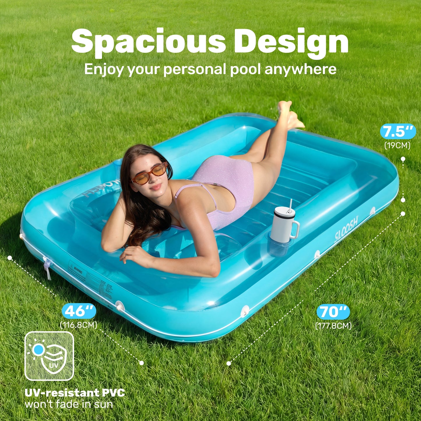 Inflatable Tanning Pool Lounger Float, 70" X 46" Large Suntan Tub with Pillow, Water Raft Float for Kids & Adults, L-Blue