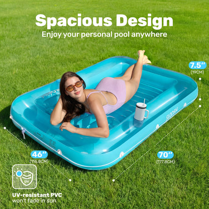 Inflatable Tanning Pool Lounger Float, 70" X 46" Large Suntan Tub with Pillow, Water Raft Float for Kids & Adults, L-Blue