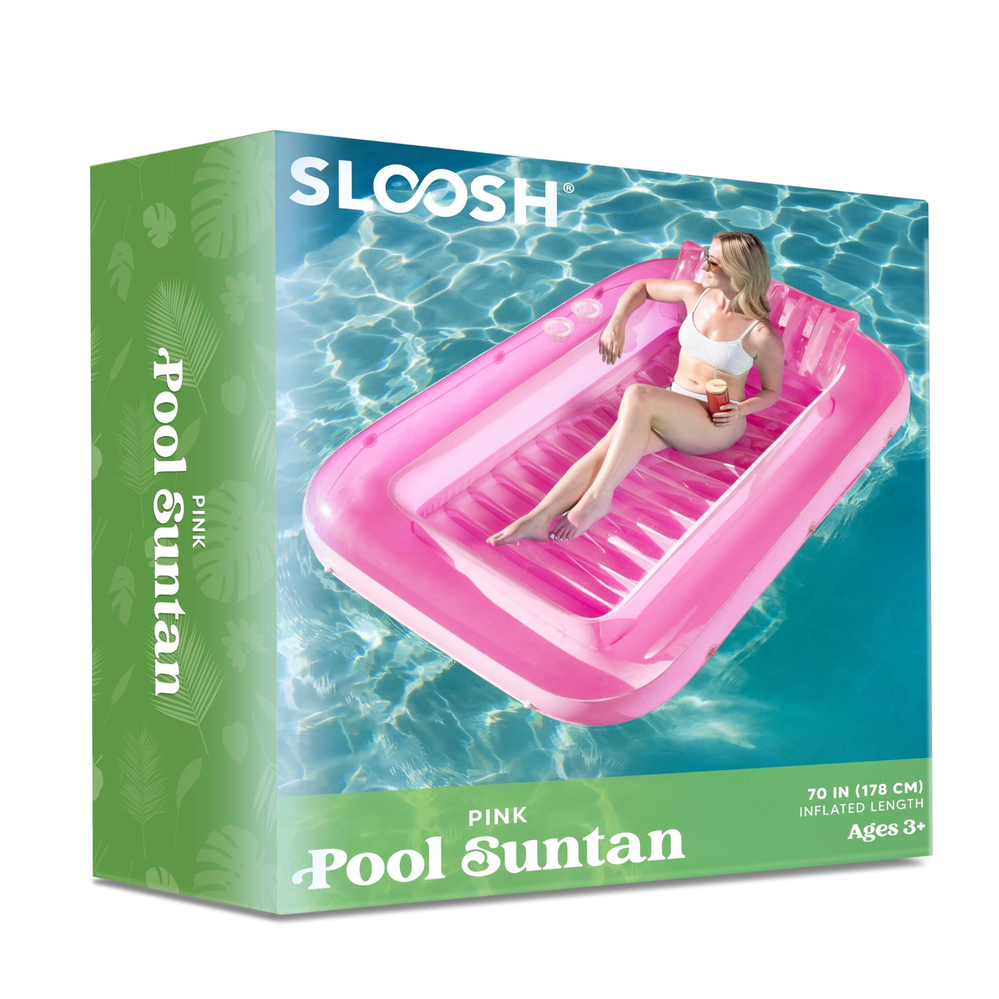 Inflatable Tanning Pool Lounger Float, 70" X 46" Large Suntan Tub with Pillow, Water Raft Floatie for Adults, Pink