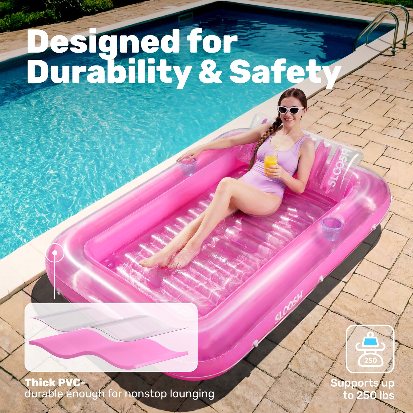 Inflatable Tanning Pool Lounger Float, 70" X 46" Large Suntan Tub with Pillow, Water Raft Floatie for Adults, Pink