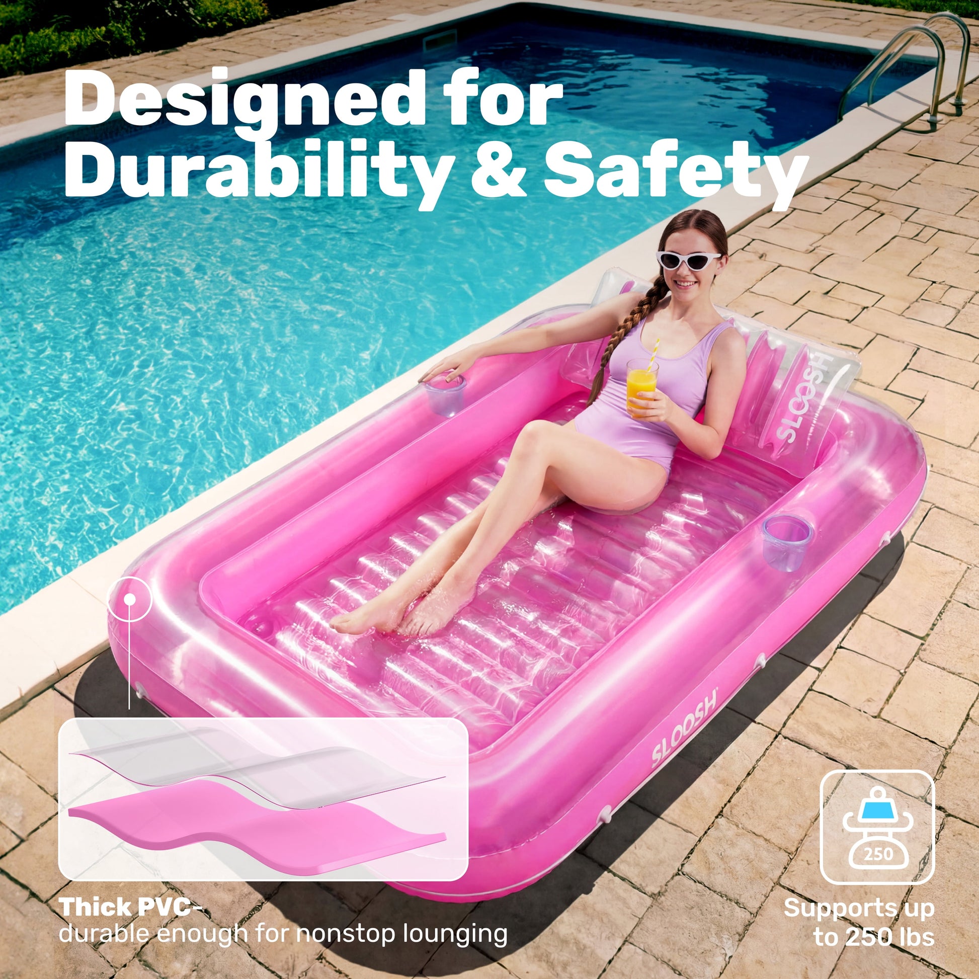 Inflatable Tanning Pool Lounger Float, 70" X 46" Large Suntan Tub with Pillow, Water Raft Floatie for Adults, Pink