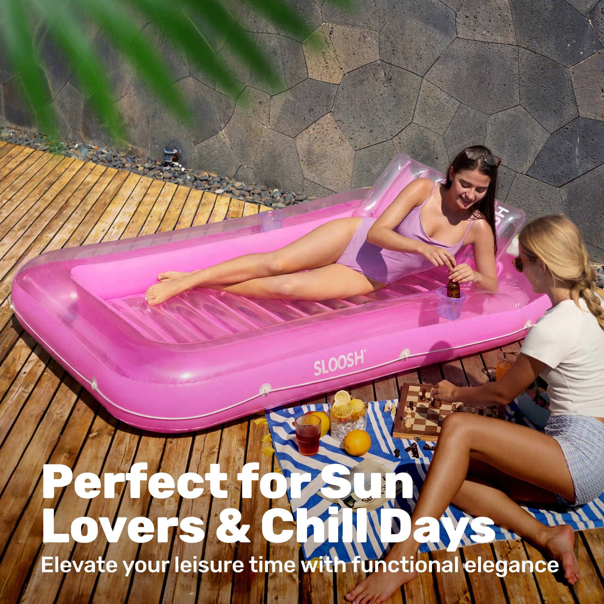 Inflatable Tanning Pool Lounger Float, 70" X 46" Large Suntan Tub with Pillow, Water Raft Floatie for Adults, Pink