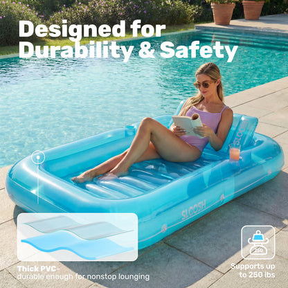 Inflatable Tanning Pool Lounger Float, 70" X 46" Large Suntan Tub with Pillow, Water Raft Float for Kids & Adults, L-Blue