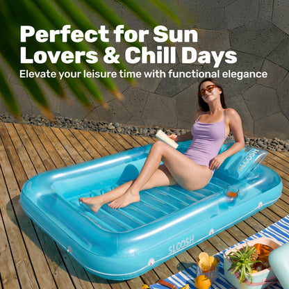 Inflatable Tanning Pool Lounger Float, 70" X 46" Large Suntan Tub with Pillow, Water Raft Float for Kids & Adults, L-Blue